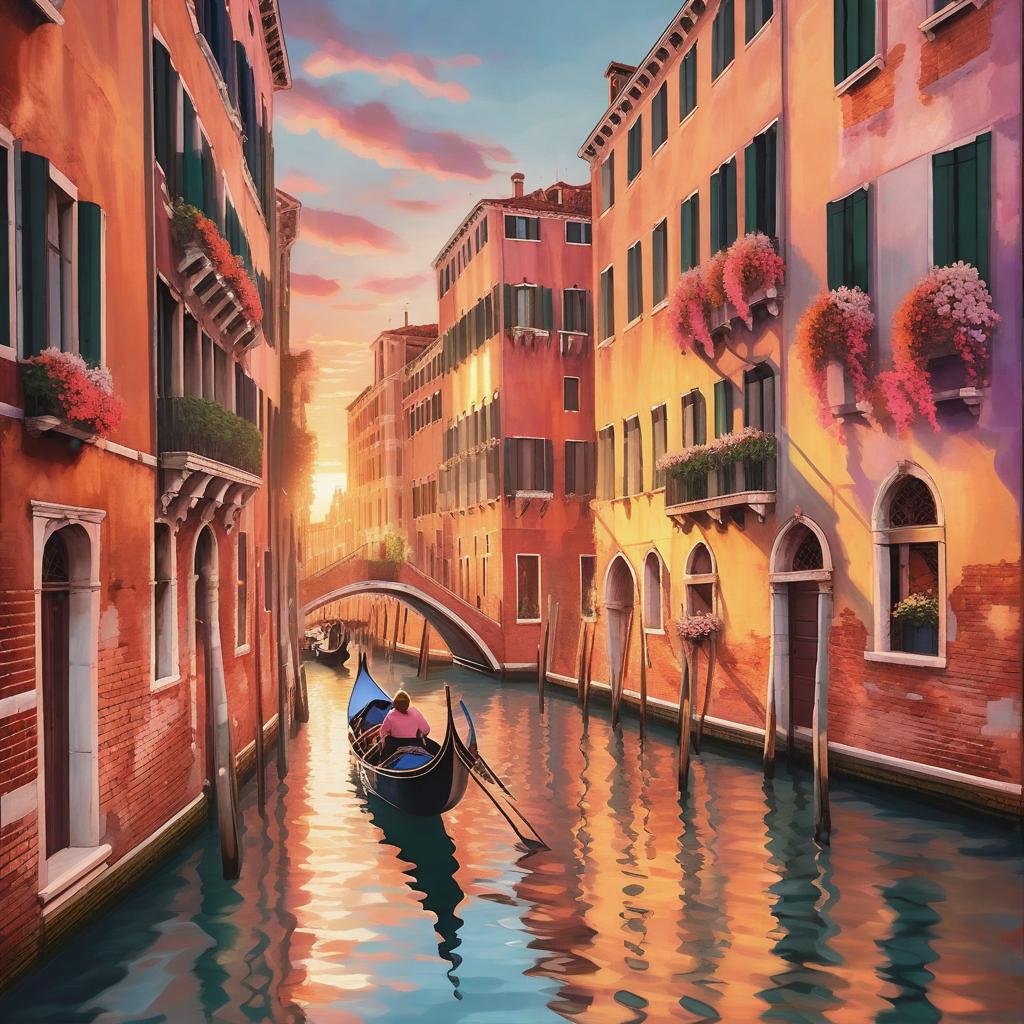  Depict an image of a romantic gondola ride through the canals of Venice at sunset, with reflections of colorful buildings on the water and flower-adorned balconies.