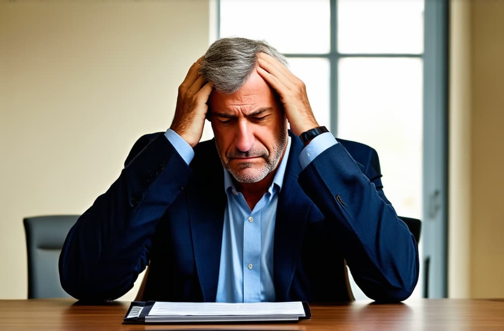  middle aged man sitting at table holding his head, thoughtful sad face, midlife crisis ar 3:2 {prompt}, maximum details