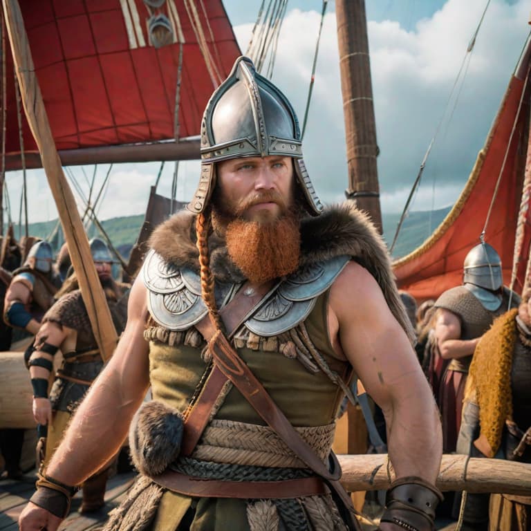  friendly viking returning from a voyage of discovery in the style of a comic hyperrealistic, full body, detailed clothing, highly detailed, cinematic lighting, stunningly beautiful, intricate, sharp focus, f/1. 8, 85mm, (centered image composition), (professionally color graded), ((bright soft diffused light)), volumetric fog, trending on instagram, trending on tumblr, HDR 4K, 8K