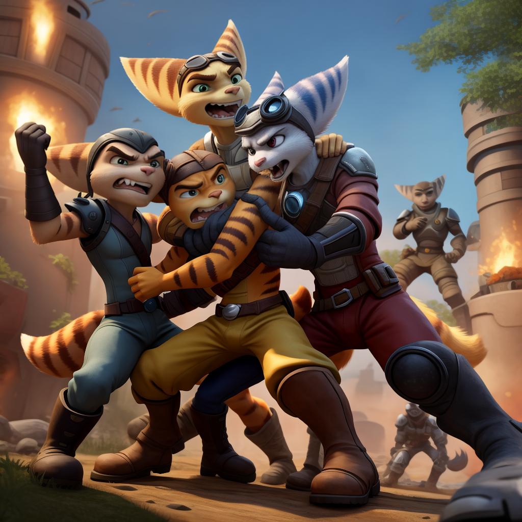  Male ratchet and clank (insomniac) full body, group, clothes, gloves and boots, attack, combat, war, angry, gay, fighting, hand to hand combat, punching, retraining, 4 vs 1, grabbed, neck grab, ganged up upon, hand grabs crotch, suffocating, open eyes, digital art, masterpiece, 4k, fine details,