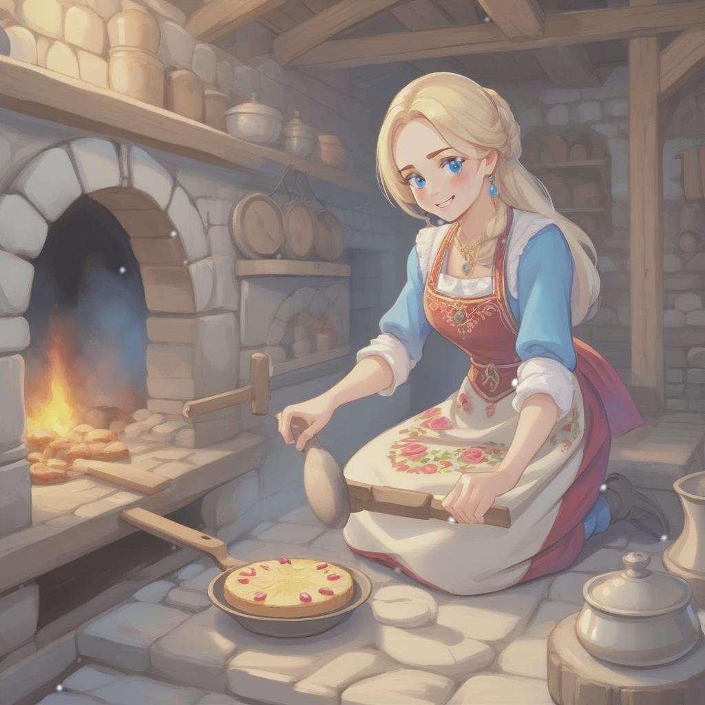  masterpiece, the best quality, a russian woman in traditional clothes prepares cakes in a stone oven, a very light smile, tense, piercing eyes, blue eyes, (decisive expression: 0.9), flowing blond hair, dressed in a traditional russian outfit, cooks in the open air, inside a wooden castle, against the background of an ancient russian throne room in a wooden castle, cartoon style, cute, modernism,