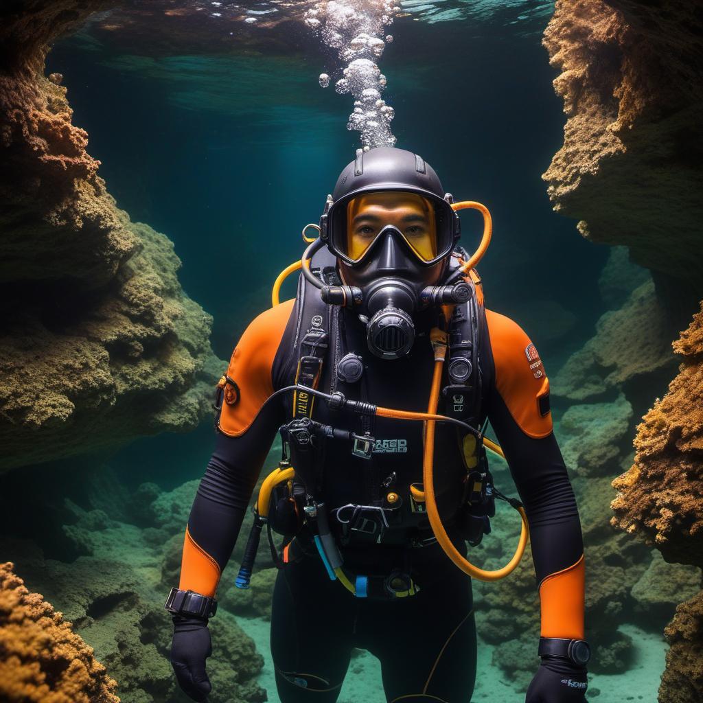  jb name, male, rebreather diver, thick loops, helmet in orange, cave diver, underwater, face view diver, fresh water, shoulder view, jb, mystical style