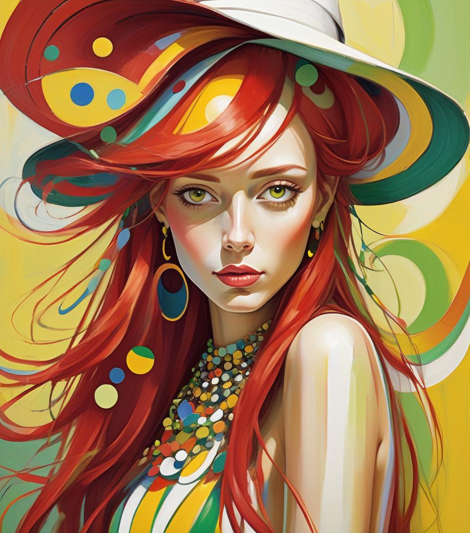  abstract expressionist painting oil painting, beautiful lady in abstract style, long red hair, white bizarre hat with colorful circles, multicolored necklaces, earrings, yellow striped green background abstract vector fractal, wave function, zentangle, 3d shading . energetic brushwork, bold colors, abstract forms, expressive, emotional