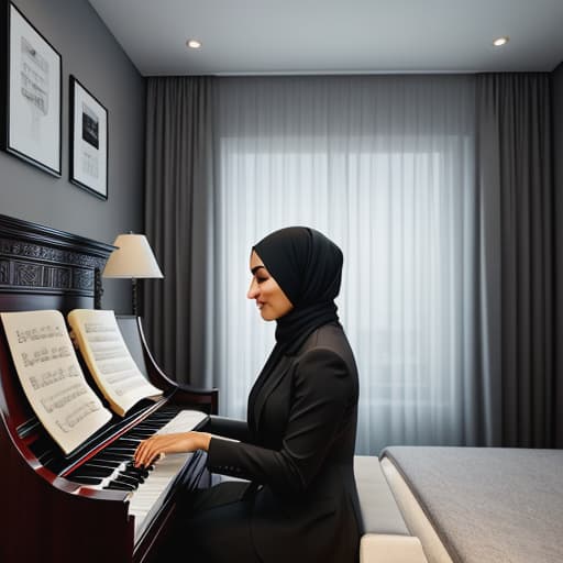  hijabi girl playing piano in a dark room not showing her face Apply the Following Styles Cinematic hyperrealistic, full body, detailed clothing, highly detailed, cinematic lighting, stunningly beautiful, intricate, sharp focus, f/1. 8, 85mm, (centered image composition), (professionally color graded), ((bright soft diffused light)), volumetric fog, trending on instagram, trending on tumblr, HDR 4K, 8K