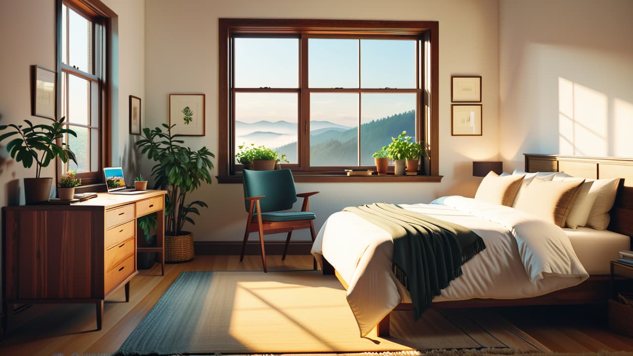  a serene, airy room with a neatly made bed, a single wooden chair, a minimalist desk with a laptop, a potted plant, and an open window showcasing a bright, sunlit view of nature. hyperrealistic, full body, detailed clothing, highly detailed, cinematic lighting, stunningly beautiful, intricate, sharp focus, f/1. 8, 85mm, (centered image composition), (professionally color graded), ((bright soft diffused light)), volumetric fog, trending on instagram, trending on tumblr, HDR 4K, 8K