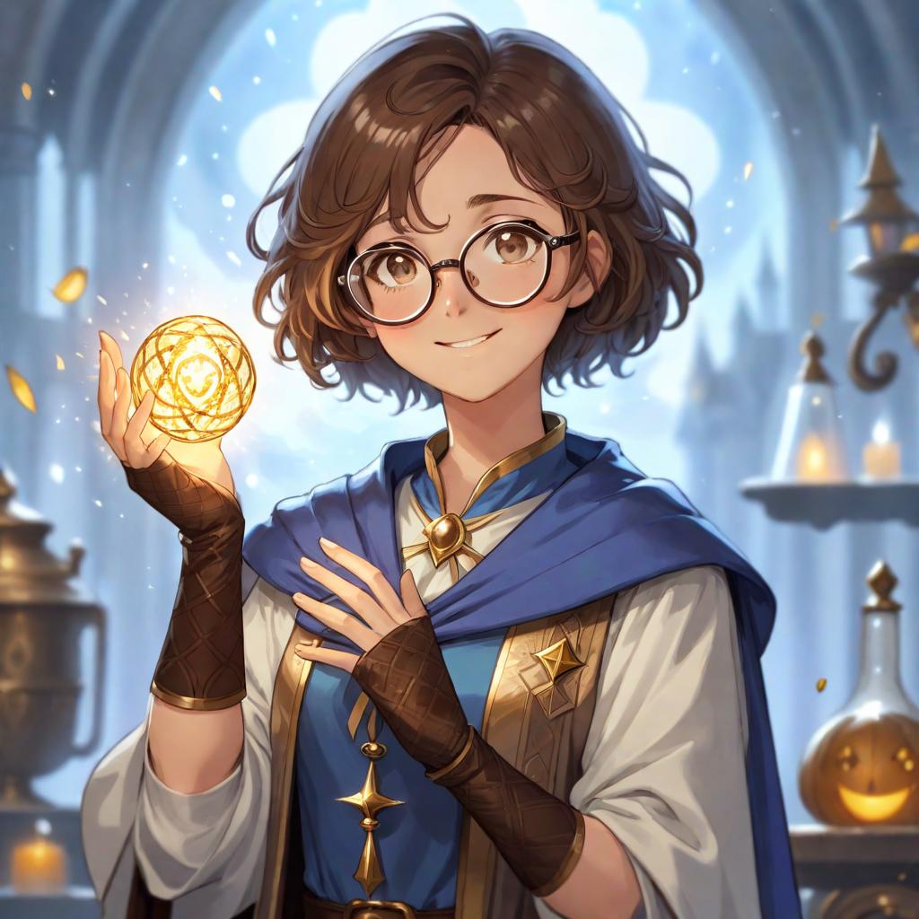  manga artwork gleeful girl wizard that is also an alquimist, she's wearing a white and brown attire with a blue cape. she has shor, brown wavy hair and big round glasses. anime rpg style . manga artist. manga, highly emotional. best quality, high resolution