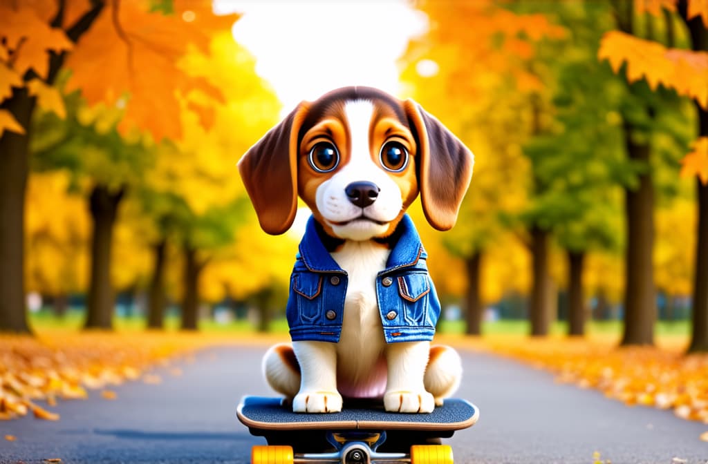  big head, big eyes, caricature, a caricature, rendering, (figurativism:0.8), a beagle puppy stands on four paws on a platform skateboard on an asphalt path in an autumn park in a denim sleeveless jacket , epic realistic, pixar style, disney, (cycles render:1.3), caustics, (glossy:0.58), (artstation:0.2), cute