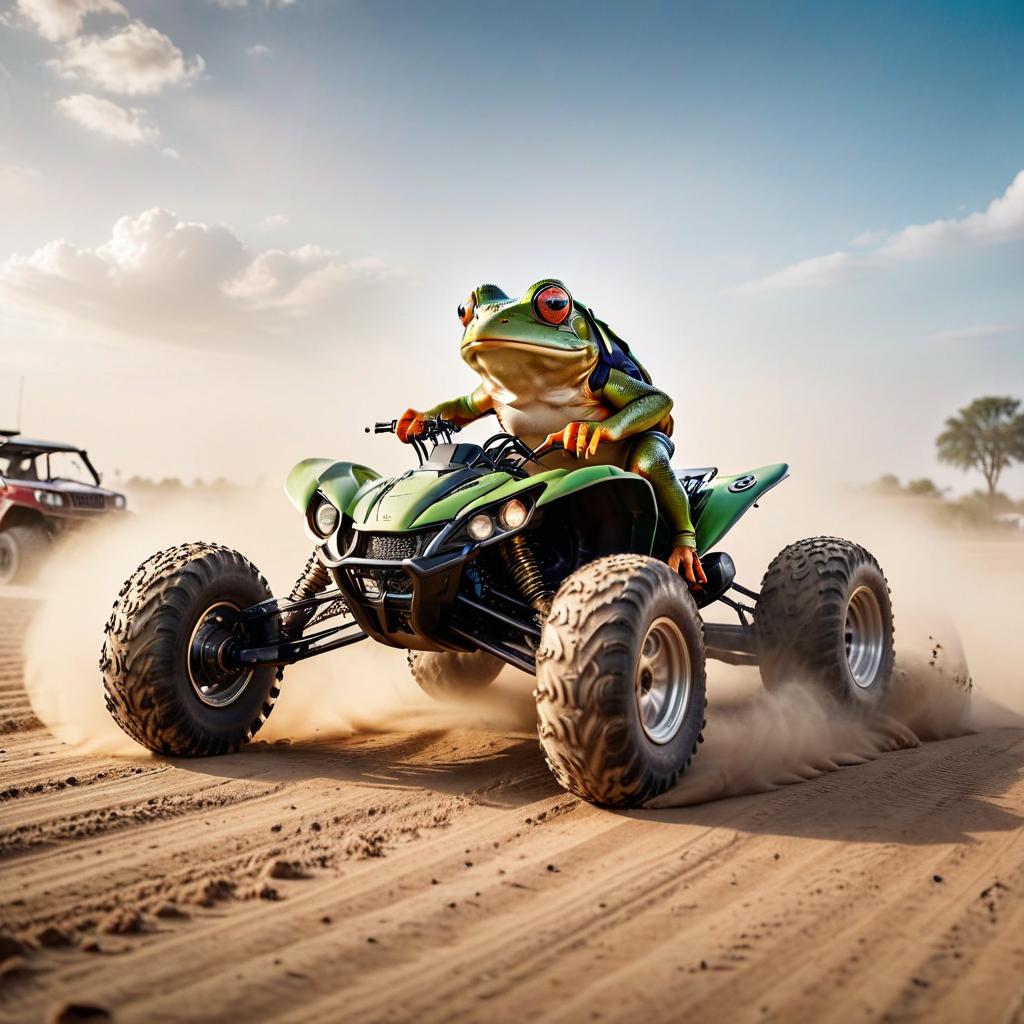  cinematic photo frog races on a quad bike in a cloud of dust . 35mm photograph, film, bokeh, professional, 4k, highly detailed, civitai, on parchment