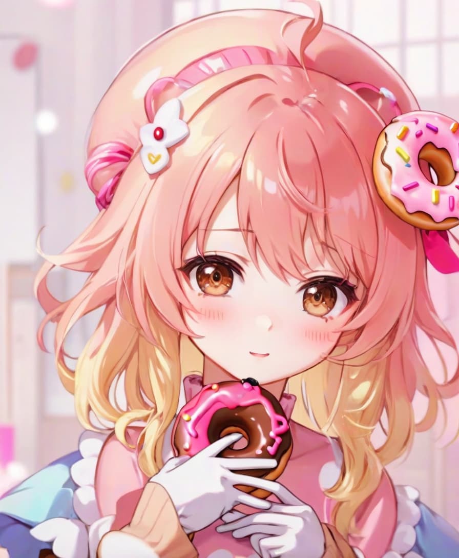  anime artwork portrait, anime girl, princess donut, pink hair, hair tips blonde, brown eyes, hair decoration doughnuts, hair rim doughnut, hands in gloves, fingers holding a doughnut, no brushes visible, . anime style, key visual, vibrant, studio anime, highly detailed