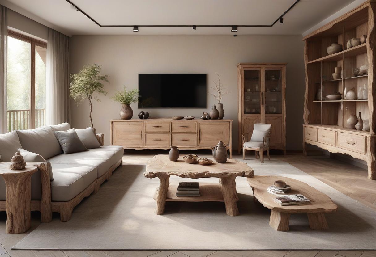  luxury product style interior design in wabi sabi style, solid wood furniture, sofa, coffee table, tea cabinet, solid wood furniture in wabi sabi style, living room, panoramic shooting, ultra clear, 8k . elegant, sophisticated, high end, luxurious, professional, highly detailed