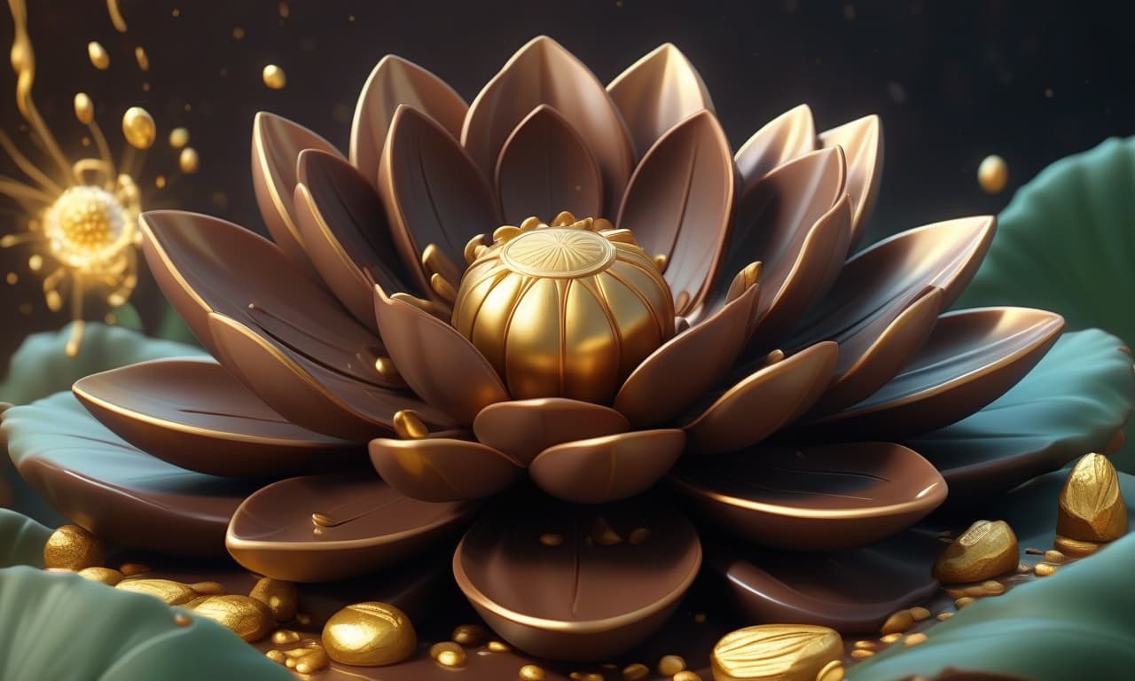  style realistic bright oil pattern 3d a large magical flower made of chocolate, similar to a lotus, with large high petals of chocolate, magical fireflies fly around, gold bars lie nearby, a futuristic landscape around