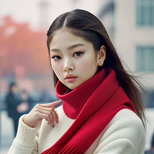  (--Style Photoralism, Jennie Kim),(full body::1) a close up of a woman with a red scarf on, blackpink jennie, popular south korean makeup, portrait of female korean idol, popular korean makeup, beautiful south korean woman, harpers bazaar, harper's bazaar, beautiful oriental woman, korean face features, dior campaign, korean audrey hepburn, vogue journal cover, inspired by Zhang Shuqi, detailed face of a asian girl