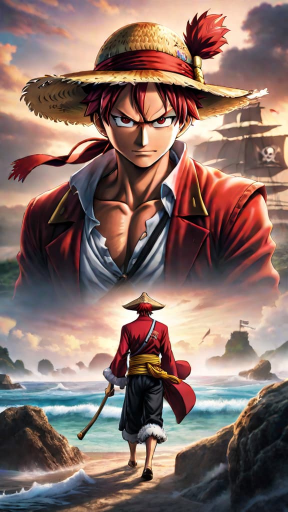  anime art: luffy learns leadership lessons from red haired shanks, becoming the straw hat pirates' beloved leader. hyperrealistic, full body, detailed clothing, highly detailed, cinematic lighting, stunningly beautiful, intricate, sharp focus, f/1. 8, 85mm, (centered image composition), (professionally color graded), ((bright soft diffused light)), volumetric fog, trending on instagram, trending on tumblr, HDR 4K, 8K