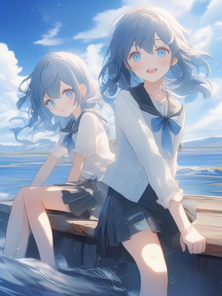  white shirts, blue haired shorts, black skirts, blue eyes, girls, girls, above water, under the blue sky, small white horns, masterpiece, best quality,8k,ultra detailed,high resolution,an extremely delicate and beautiful,hyper detail