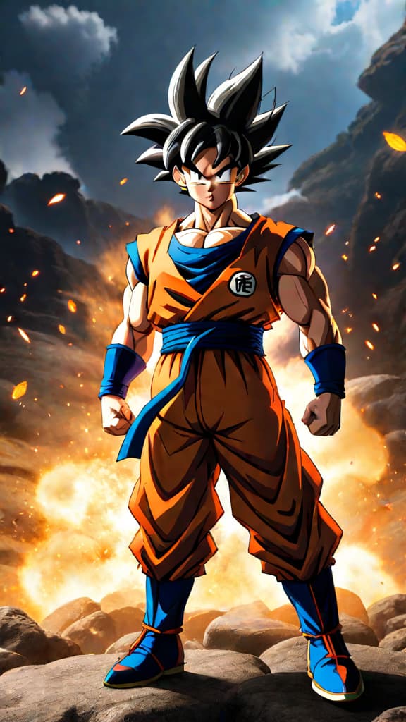  anime art: goku from dragon ball z, his power level skyrockets after battles, evolving his strength. hyperrealistic, full body, detailed clothing, highly detailed, cinematic lighting, stunningly beautiful, intricate, sharp focus, f/1. 8, 85mm, (centered image composition), (professionally color graded), ((bright soft diffused light)), volumetric fog, trending on instagram, trending on tumblr, HDR 4K, 8K