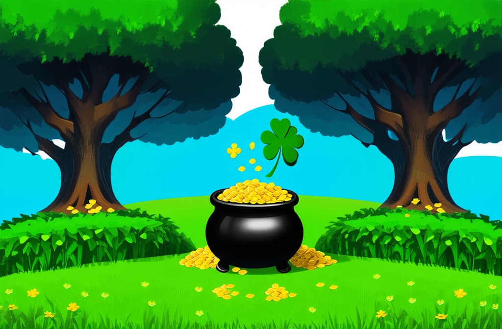  flat illustration, flaticon, (illustration:1.15), st. patrick's day, pot of gold on a green forest background, fairy magic, rainbow, free space for text ar 3:2, [cory loftis, strobist, pascal campion :: 0.2]