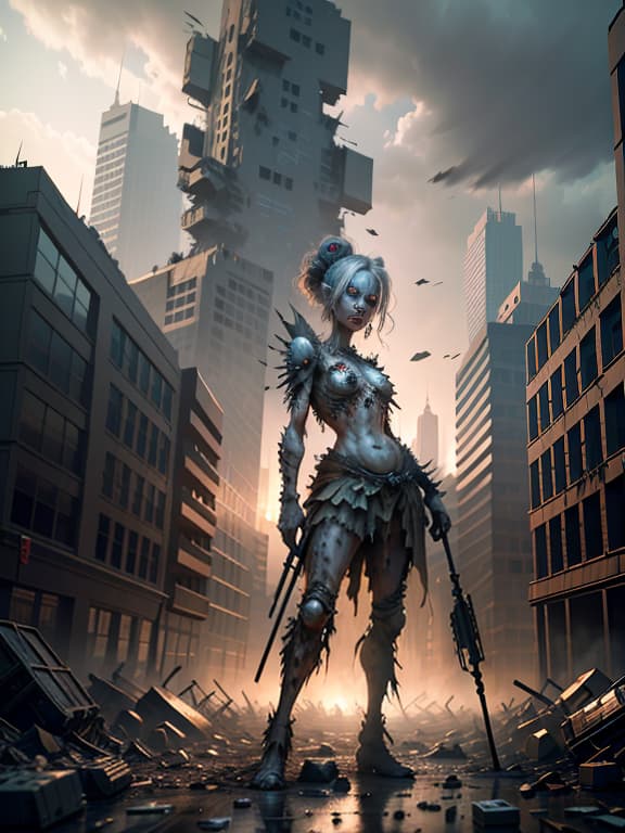  master piece, best quality, ultra detailed, highres, 4k.8k, zombie goddess, standing confidently, holding a staff, serene yet menacing, break undead apocalypse, desolate city street, broken vehicles, scattered debris, ominous clouds, rubble, break post apocalyptic, ethereal glow, eerie mist, dark shadows, dramatic lighting, zomb00d