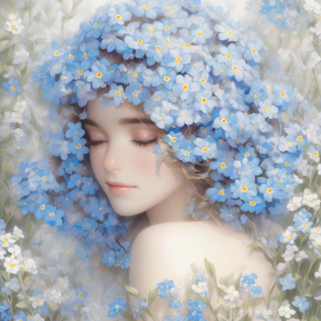  forget me nots, beautiful girl, joy, gentle, beautiful, transparent, colorful, detailing