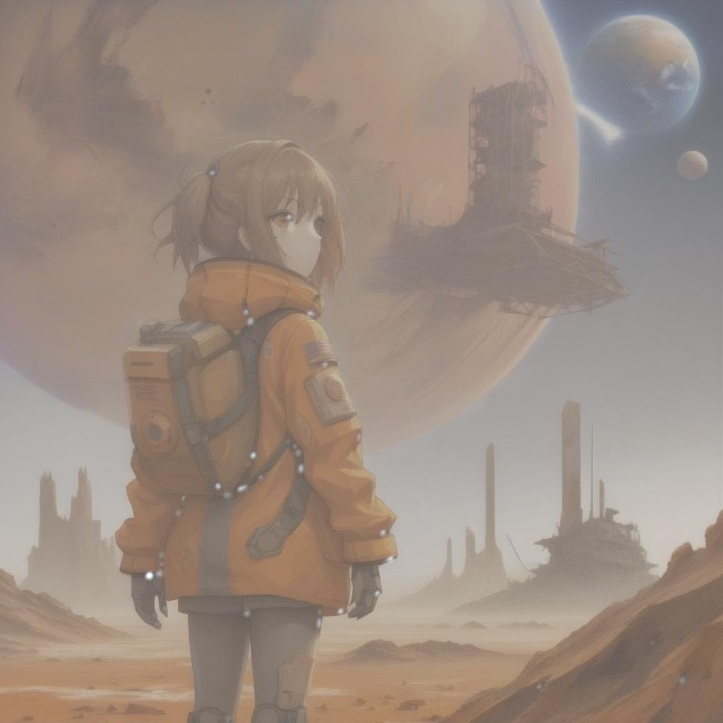  anime artwork anime image of a girl standing on the orange surface of mars, in a post apocalyptic landscape with ruined buildings, space art, the ruins, after a battle . anime style, key visual, vibrant, studio anime, highly detailed