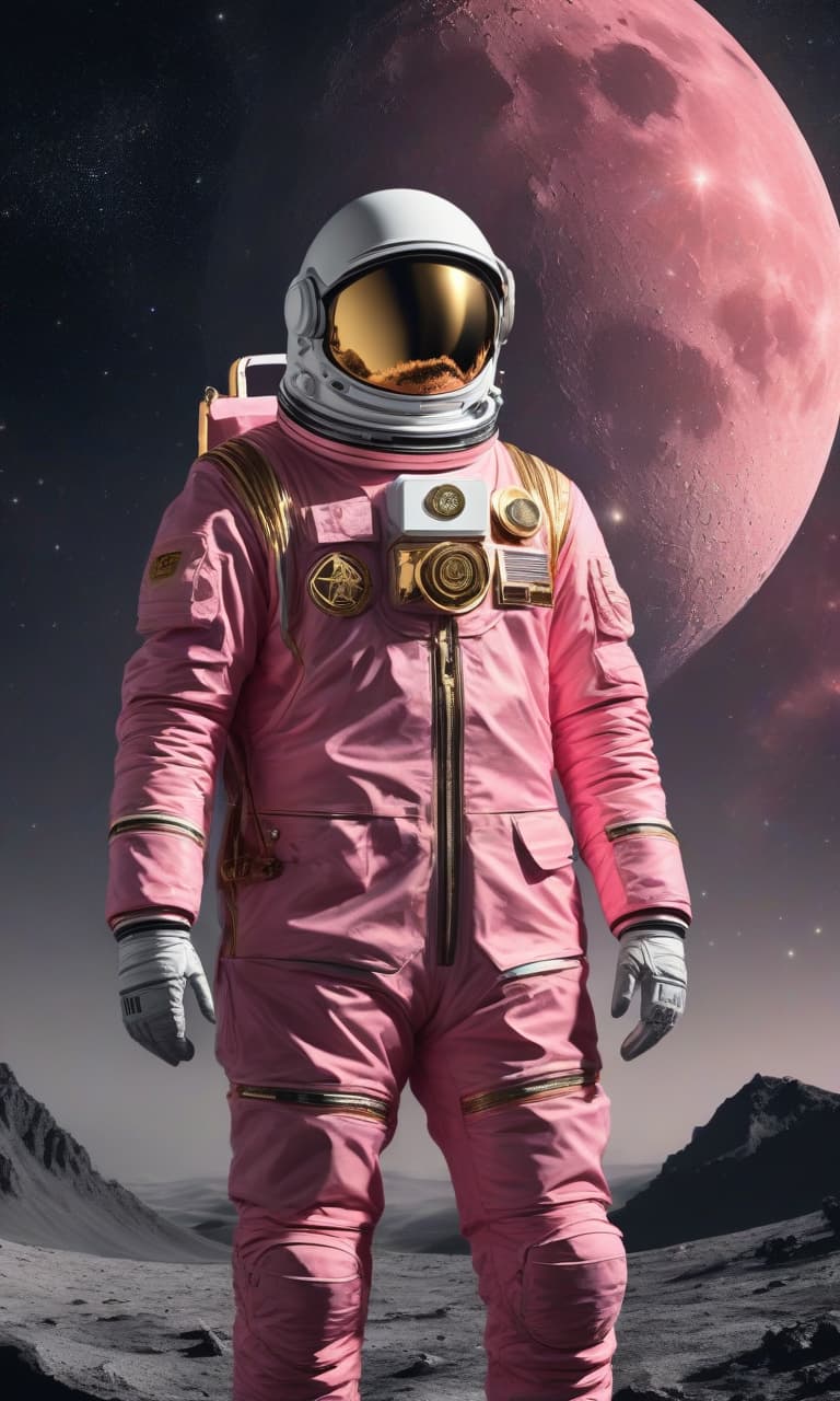  concept art color pink, white, black, gold night sky on the moon stands a man in a gold suit . digital artwork, illustrative, painterly, matte painting, highly detailed, perfect hands