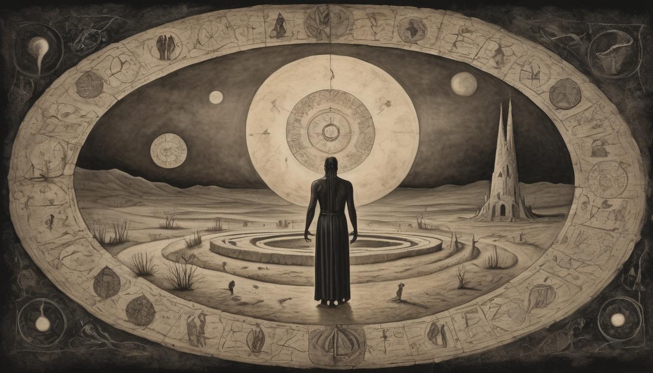  on parchment, surrealism++, figure standing in the center of a stone circle, glowing symbols around their feet, sharp focused eyes, aura of empowerment, landscape shrouded in darkness, clarity emerging from gloom(mysterious, provocative, symbolic)++