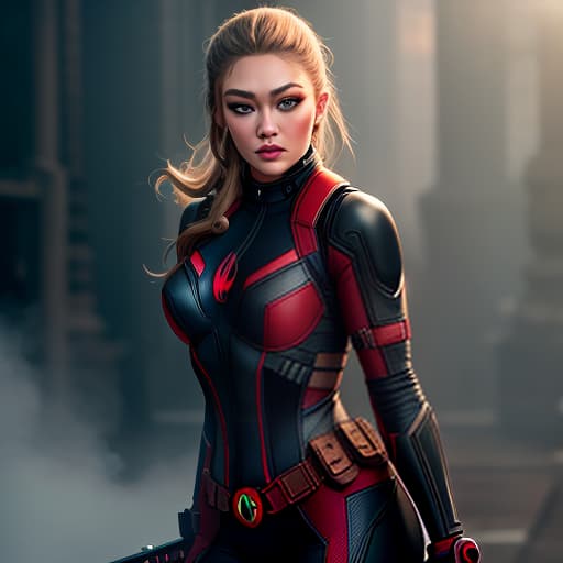  gigi hadid deadpool hyperrealistic, full body, detailed clothing, highly detailed, cinematic lighting, stunningly beautiful, intricate, sharp focus, f/1. 8, 85mm, (centered image composition), (professionally color graded), ((bright soft diffused light)), volumetric fog, trending on instagram, trending on tumblr, HDR 4K, 8K