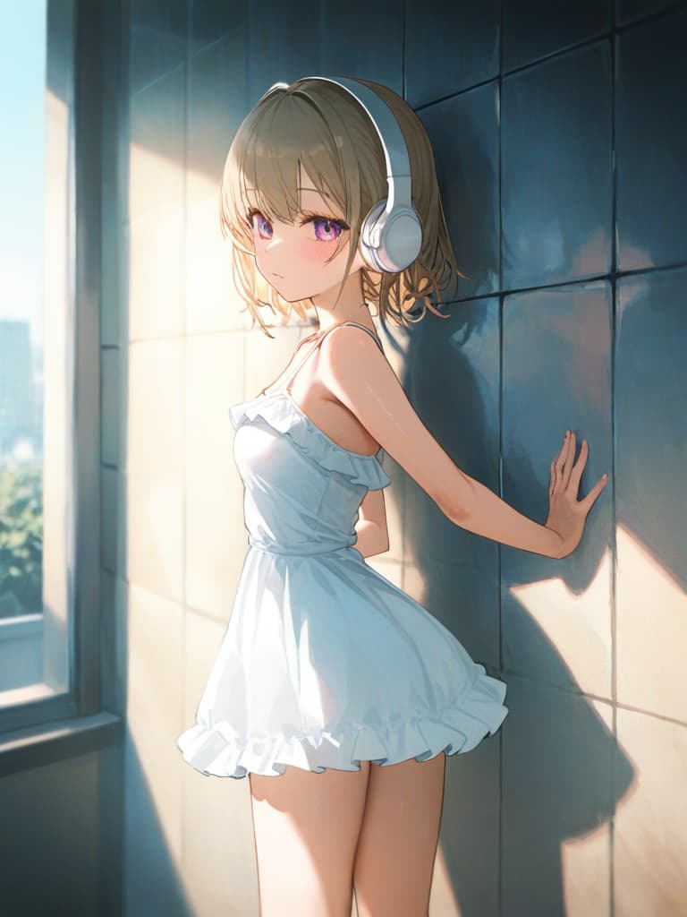  white frilled dress swimwear, back, blond twin tail, white headphones, whole body, foot, hugging on the wall, pose that sticks the ocks, tile walls, small , s, slim dresses on the wall, slim dress , masterpiece, best quality,8k,ultra detailed,high resolution,an extremely delicate and beautiful,hyper detail