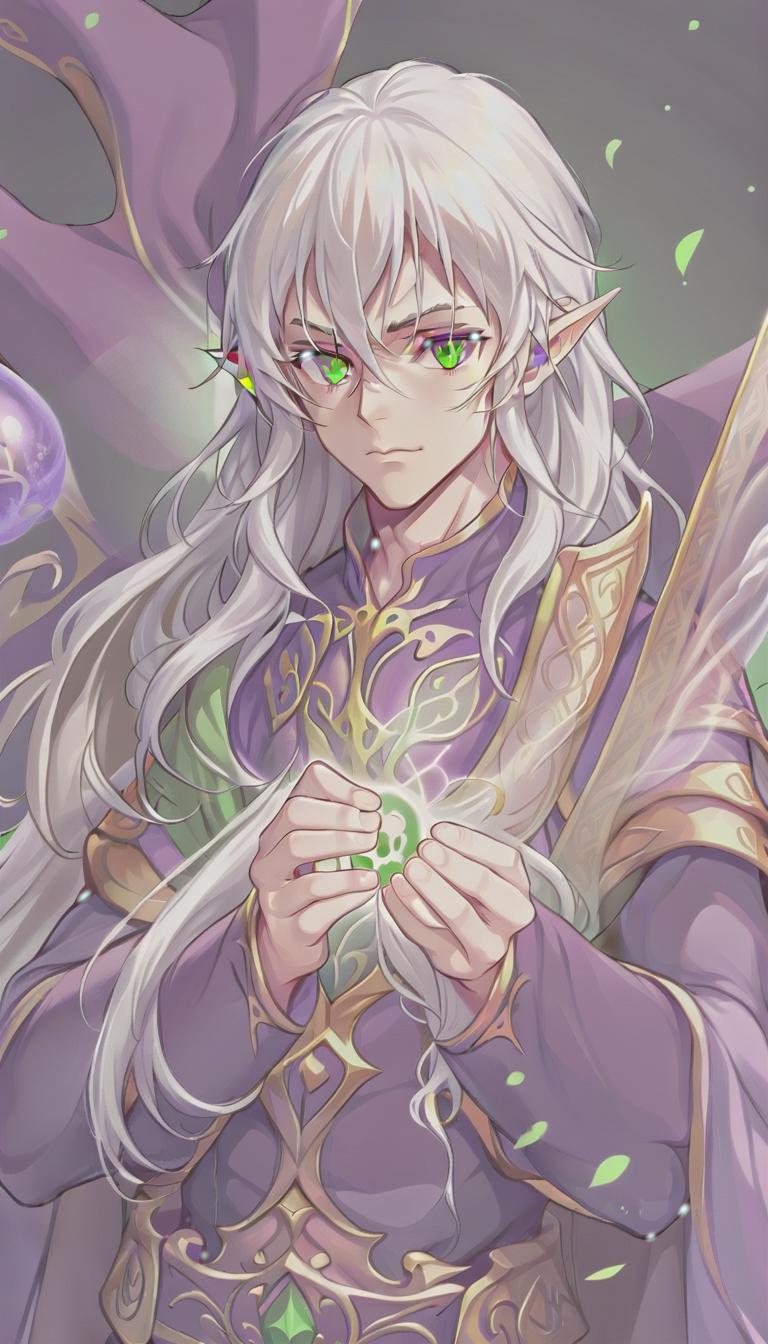  man, elf, long white hair, green eyes, purple clothes, five fingers on the hands, sticker