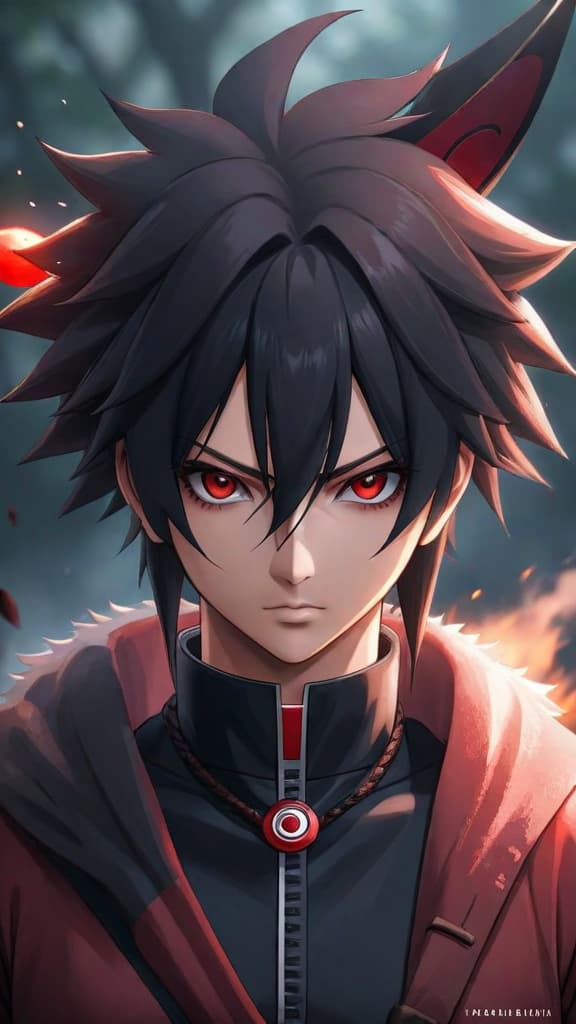  anime art uchiha clan member from naruto with sharingan eyes, burdened by clan's expectations, serious expression hyperrealistic, full body, detailed clothing, highly detailed, cinematic lighting, stunningly beautiful, intricate, sharp focus, f/1. 8, 85mm, (centered image composition), (professionally color graded), ((bright soft diffused light)), volumetric fog, trending on instagram, trending on tumblr, HDR 4K, 8K