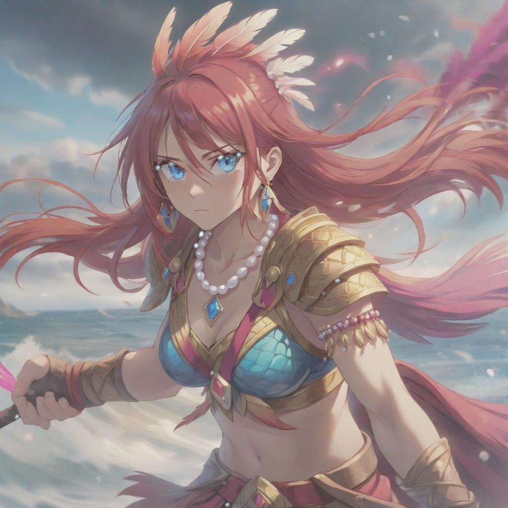  long exposure photo of portrait of strong rage amazonas warrior. blue eye. long red hair. tilting head down, magenta mantle, shoulder pad feather, accessory necklace with pearls on the forehead, by the sea . blurred motion, streaks of light, surreal, dreamy, ghosting effect, highly detailed, sticker, hkmagic