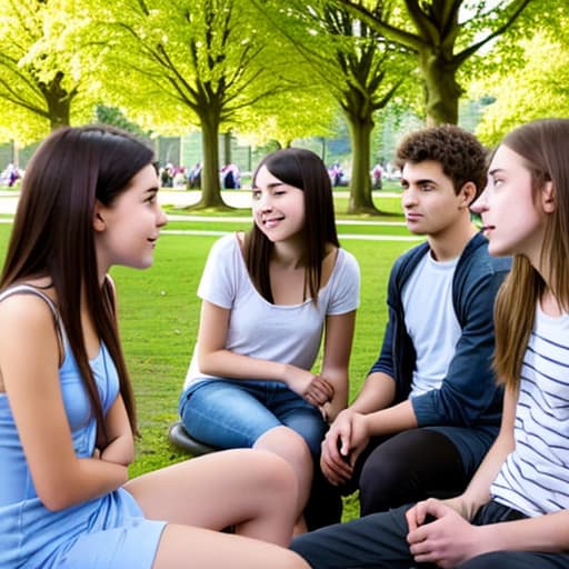  A group of young people sittimg and chatting in park, looking cool