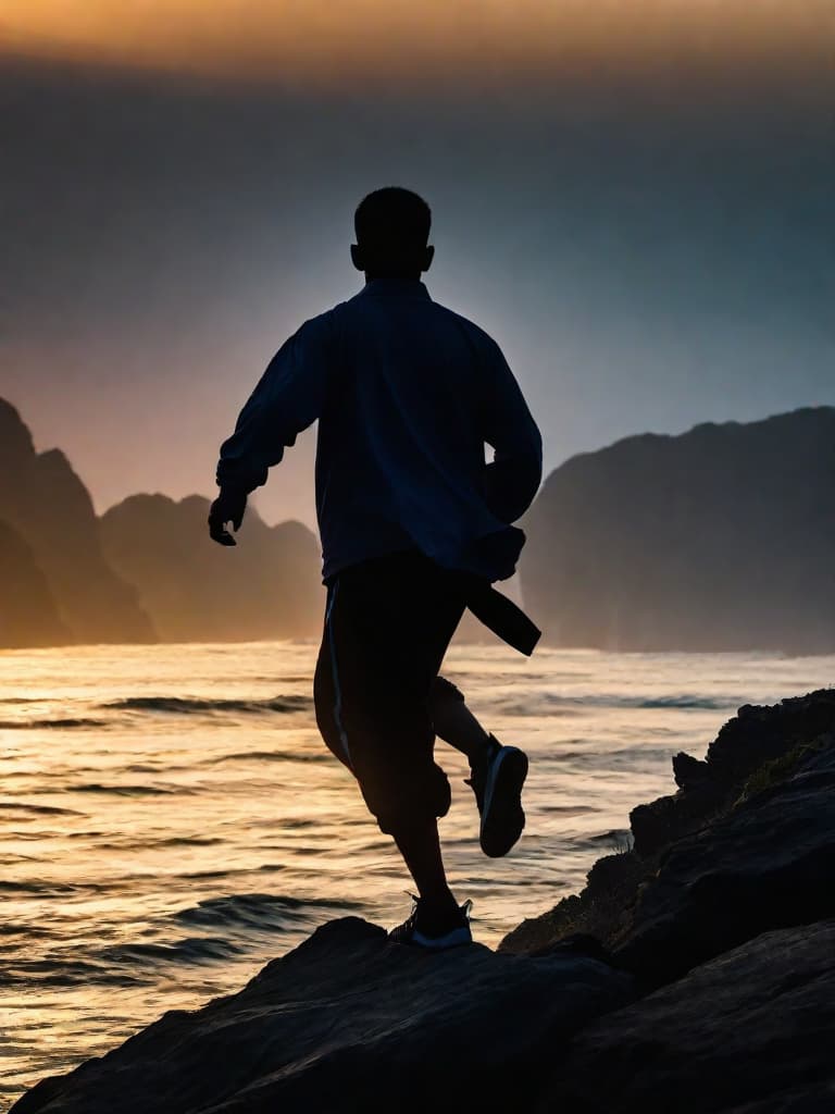  Close up of the silhouette of a man doing Thai Chi on a cliff overlooking the ocean with a sunrise in the background. RAW, realistic