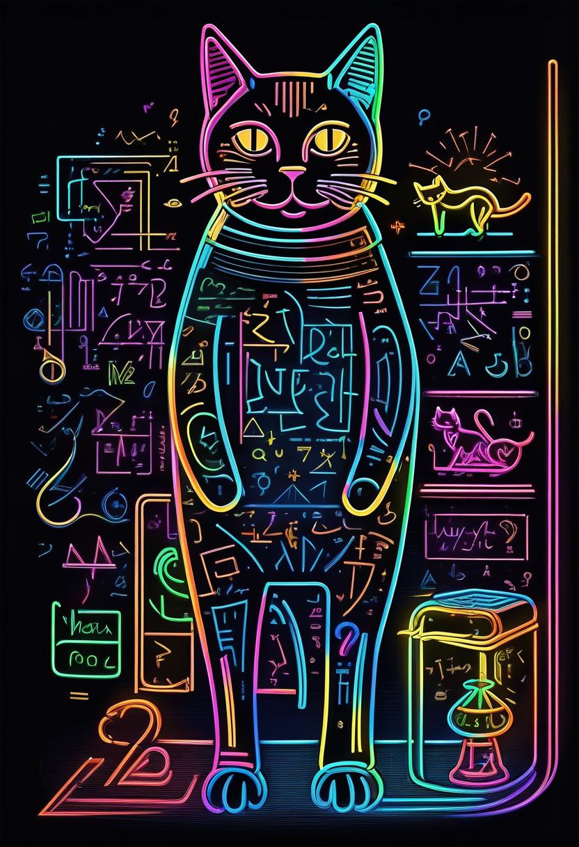  line art drawing bright mathematical symbol fractal glossy bright multicolored ink sketch shiny outlines, thin contour line coloring, thin line, multicolor line, outlines of a silhouette of a a refrigerator and a cat standing next to it looking at the refrigerator made of mathematical symbols, (neon color mathematical symbols and formulas:1.4), that float around him, flying clocks, on a black background, style of jean delville, art in minimalist style, linear icons, (linear icon:1.5), line illustration, . professional, sleek, modern, minimalist, graphic, line art, vector graphics