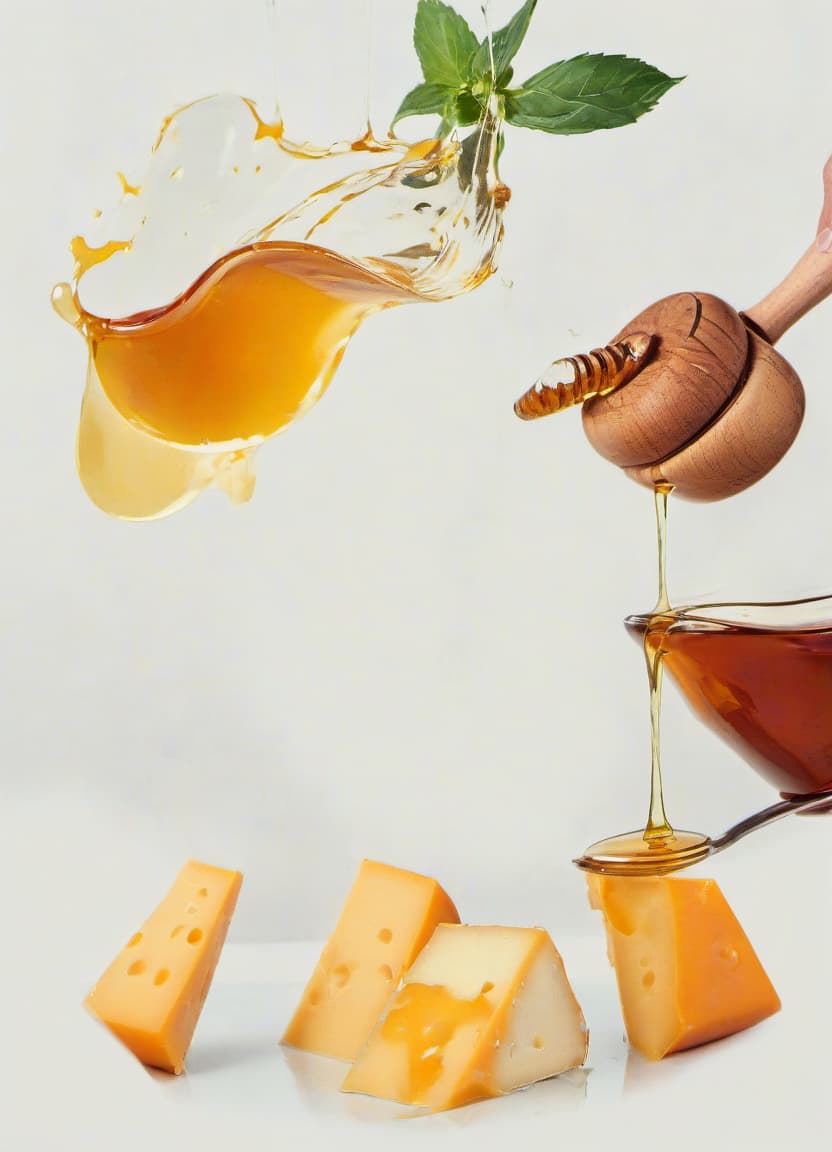  cheese is poured with honey a beautiful reflection of the cheese light background, film photography style