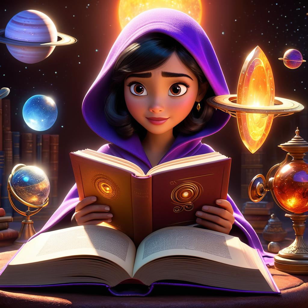  in 3d animated movie style. disney pixar style. lily, old, thrilled exploring a magical book, awe in her widening eyes. mercury, ancient & wise, watchful with fiery thirst for knowledge. saturn, old & serene, protector of rings. martians, varied, curious with advanced tech. outfit for lily, mercury in silver robe, saturn's purple cloak. whimsical liry with ancient tomes, magical crystals, floating books, mystical artifacts. high res pixar 3d animation, lifelike textures, vivid colors. rich, warm hues, soft magical lighting. tilted dynamic angle, capturing lily's wonder, mercury, saturn, martians' intrigue.