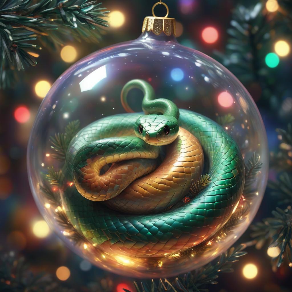  cute snake curled up in transparent christmas ball, hanging on christmas tree, colored lights, reflection of lights, spectrum of colors shimmering across its surface, pine branches in the soft focus background, capturing the essence of iridescence, digital painting, ultra realistic, soft natural light.