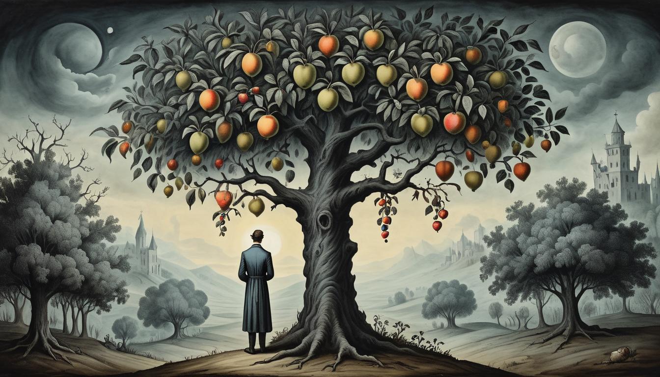  on parchment, surrealism+++, dark landscape with a sour fruit tree, person standing underneath with downcast eyes, sour conscience, reflective of wrong(mysterious, provocative, symbolic,muted color)+++