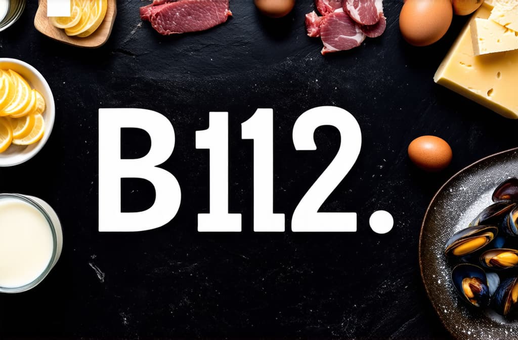  professional detailed photography, inscription b 12 made of beef liver, mussels, herring, meat, eggs, cheese, milk on a black stone background on the right, on the left there is a lot of free space without products no inscriptions ar 3:2, (muted colors, dim colors, soothing tones), (vsco:0.3)