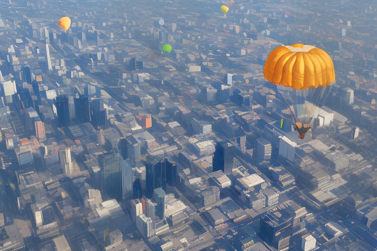  crypto boxes are falling from the sky on big parachutes, skies, city