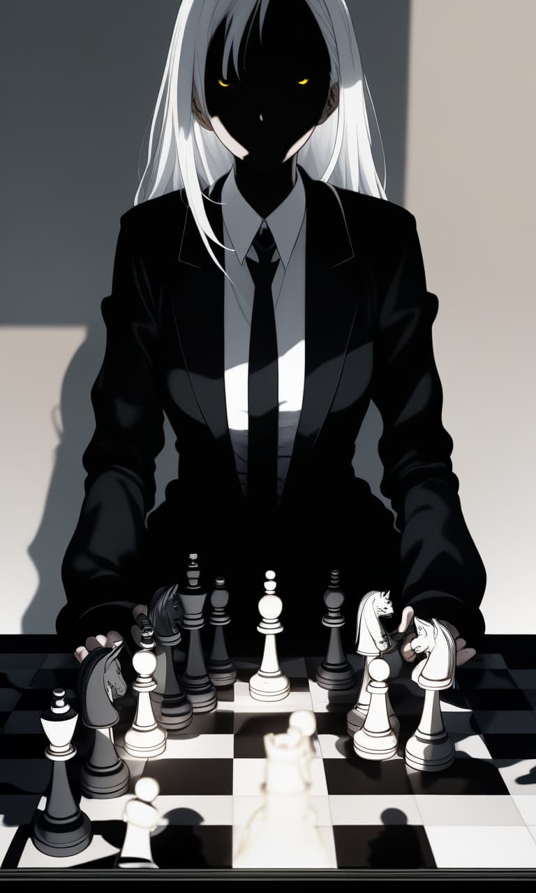  white hair anime woman with shadows hiding face, sitting in front of a table with a chess set on it,an evil smile on her face and only 1 yellow eye is visible