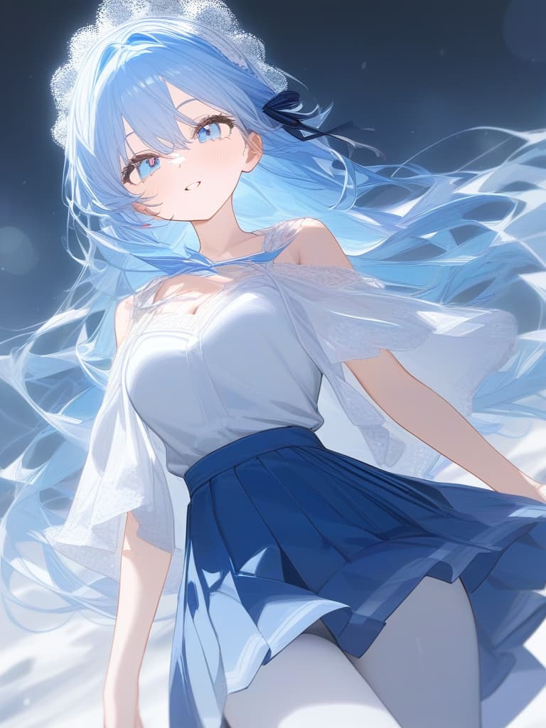  girls, white skin, light blue kimonos, blue hair ribbon, light blue eyes, blue eyes, white gradation hair color, long hair, blue pleated skirt, meiji, snow, cute face, frill lace, headdress, masterpiece, best quality,8k,ultra detailed,high resolution,an extremely delicate and beautiful,hyper detail