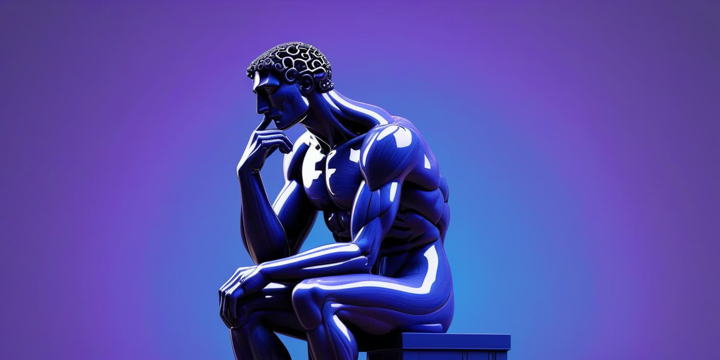  create an ai generated image in a 16:9 aspect ratio. the central figure should be a modern reinterpretation of "the thinker," positioned in the center right of the frame. the background should feature a blue and purple circuit board aesthetic, giving a tech inspired look. the image should be suitable for use as a banner and thumbnail for a youtube channel titled "the thinking machine."