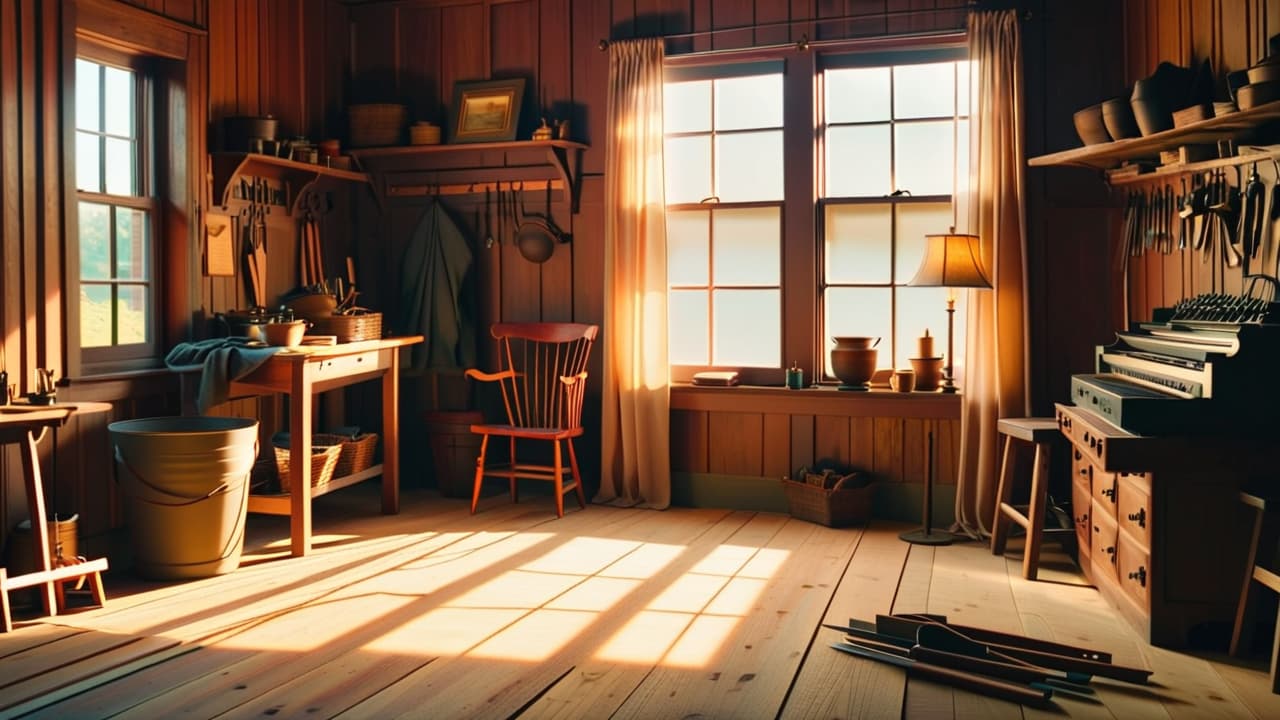  a cozy workshop filled with rich, polished hardwoods, hand tools like chisels and planes, intricate joinery, wood shavings on the floor, and warm sunlight streaming through a dusty window, illuminating the craftsmanship. hyperrealistic, full body, detailed clothing, highly detailed, cinematic lighting, stunningly beautiful, intricate, sharp focus, f/1. 8, 85mm, (centered image composition), (professionally color graded), ((bright soft diffused light)), volumetric fog, trending on instagram, trending on tumblr, HDR 4K, 8K