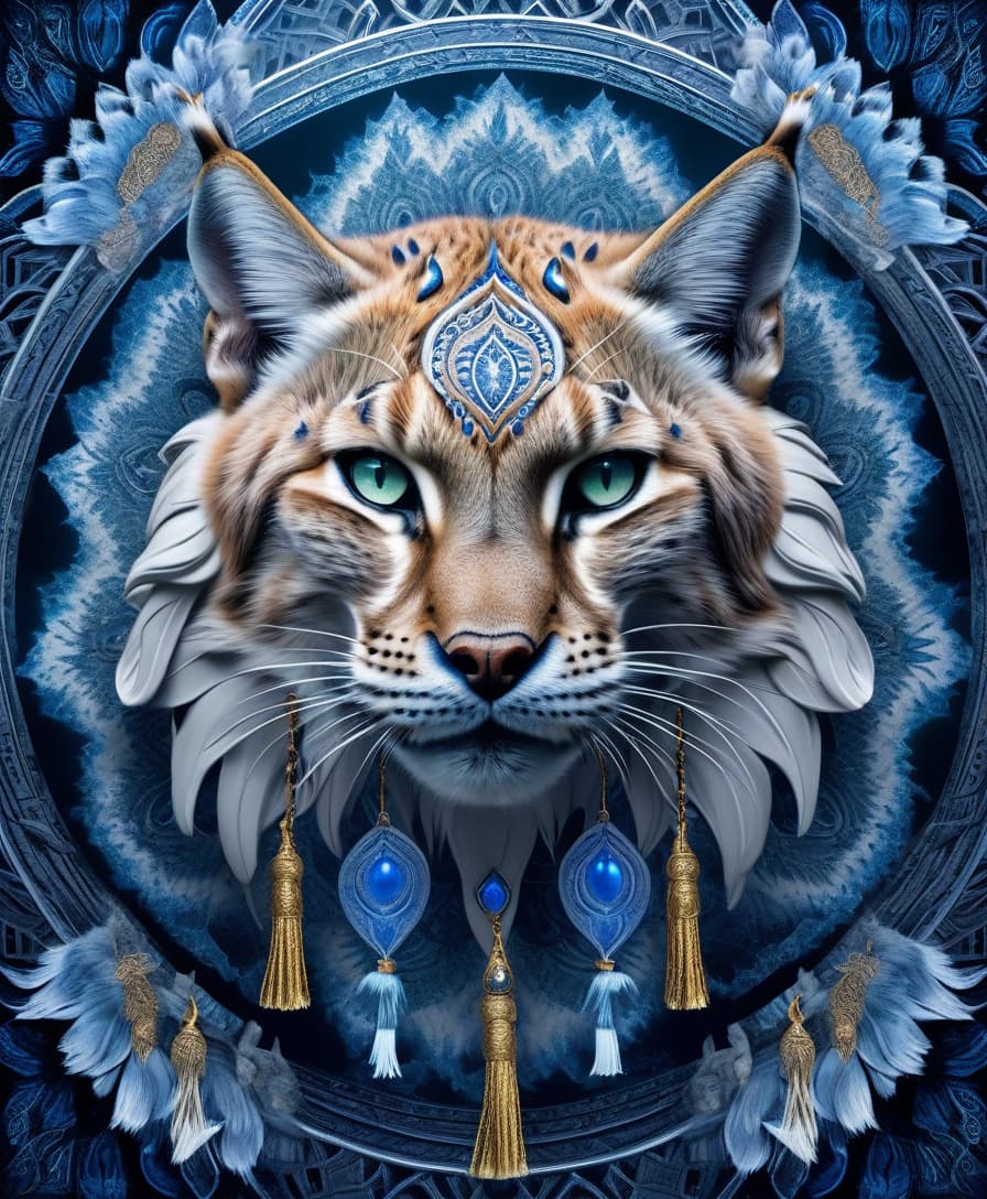  horror themed masterpiece, hdr 8k, digital image. conceptual art. (siberian lynx, majestic wildcat, powerful paws, flexible strong body, piercing feline eyes, sharp fangs, (tassels on ears:1.2), (hunted down prey, preparing to attack:1.2), appearing in ancient russian ethnic ornaments that make up a symmetrical mandala consisting of an endless forest, a wide flowing river and majestic mountains, the mandala is decorated with a fantastic ice pattern). abstract elements: stones, tree leaves, flowers. the effect of dissolving the natural shades of fur in sky waves. filigree finishes, mysterious neon glowing accents, intricate. stylization. neo rococo style. stylish, dynamic, atmospheric. background dissolving abstract patterns in the space::