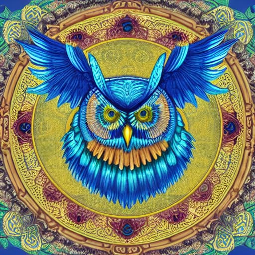  A blue owl with a gold circle and the word owl on it. hyperrealistic, full body, detailed clothing, highly detailed, cinematic lighting, stunningly beautiful, intricate, sharp focus, f/1. 8, 85mm, (centered image composition), (professionally color graded), ((bright soft diffused light)), volumetric fog, trending on instagram, trending on tumblr, HDR 4K, 8K