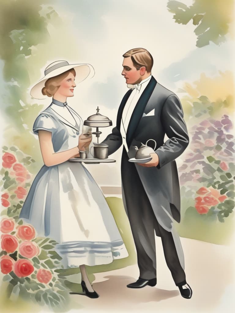  (male butler in tuxedo: 1.4),garden with roses in bloom,garden table,tea set,(male butler serving),