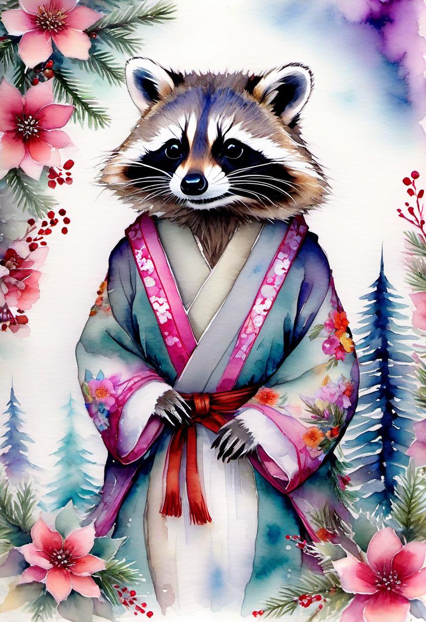  fairy tale christmas trees with cones, raccoon in a kimono, (double exposure: 1.4). (soft textured paper). alcohol ink of (bright) flowers. the incompleteness effect. tenderness of watercolors, winter, delicate colors. thin white lines. emotion. light relief pattern. in harrison fisher's manner. . magical, fantastical, enchanting, storybook style, highly detailed