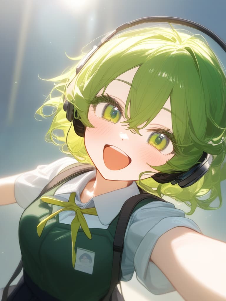  hagakure tohru bangs black clothes black blue clothing collared shirt dress shirt gloves hair between eyes long sleeves mini pleated uniform shirt shirt tucked in short sleeves rolled up sleeves uniform white shirt blush s age eyelashes woman (((with open arms:1.3))) (((i'm feeling excited))) (((headphones:1.3))) green eyes green hair big s medium length hair messy hair short hair teeth upper teeth upper teeth only smirk open mouth open mouth smile one arm outstretched smiling v sign looking at camera one woman alone english language english text text colored eyelashes curly hair ai created