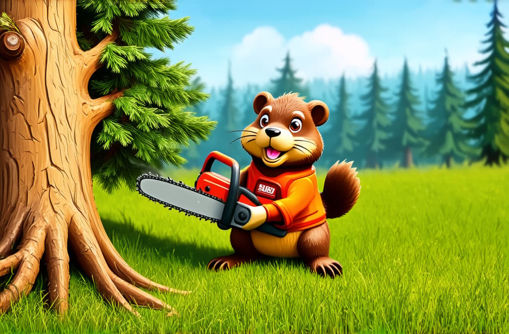  happy beaver sawing a tree with a chainsaw. forest in the background ar 3:2 {prompt}, maximum details