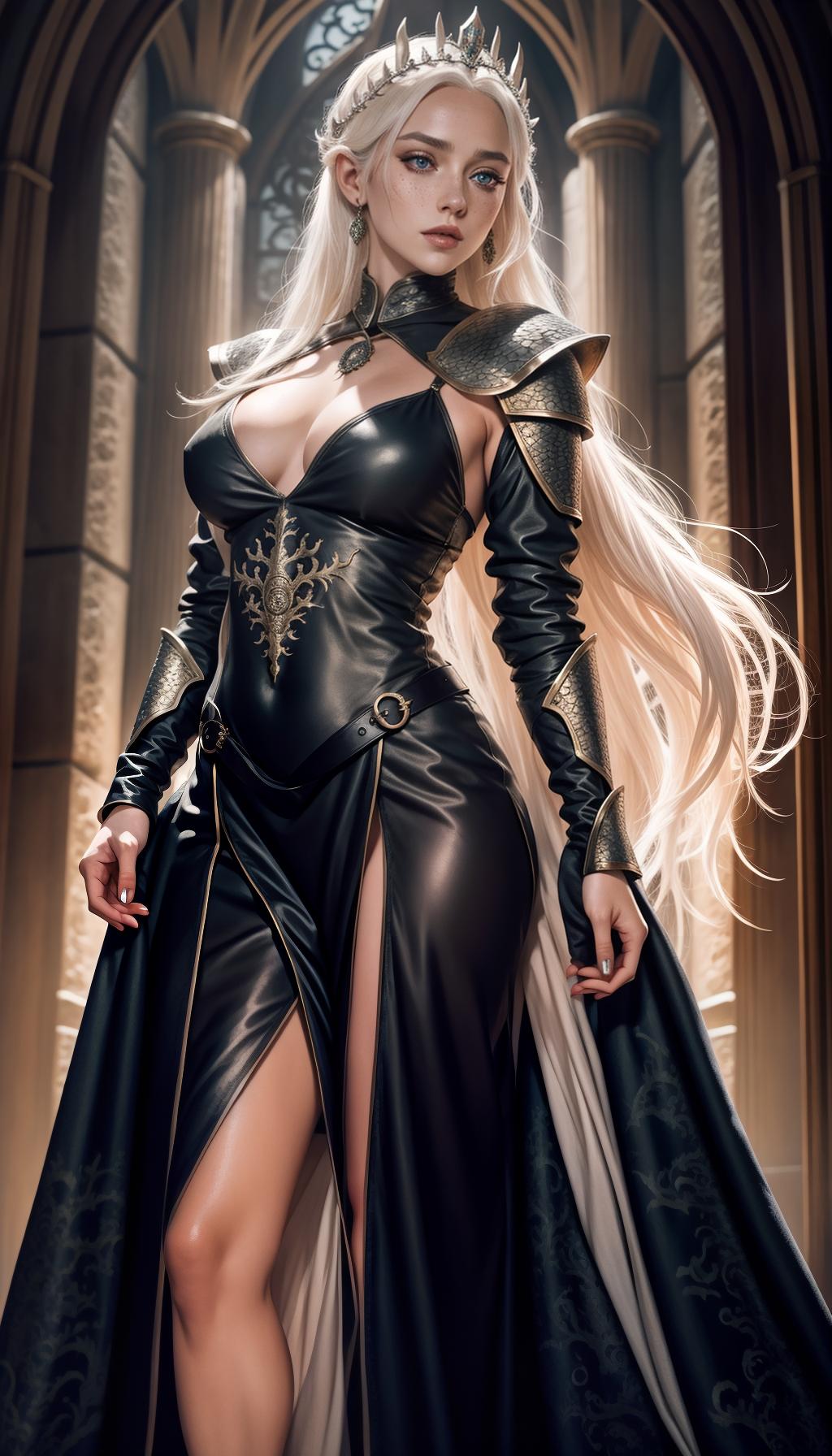  create hyper realistic rhaenyra targaryen queen of the seven kingdoms from house of the dragon (((showing full body))), beautiful medieval queen, freckles, violet eyes, white blonde hair, very tanned skin, dragon behind her, realistic, queen of dragons, fantasy, sci fi, showing full body in elegance and grace